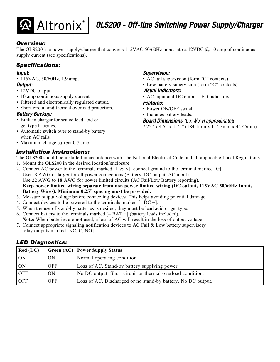 Altronix OLS200 Installation Instructions User Manual | 2 pages