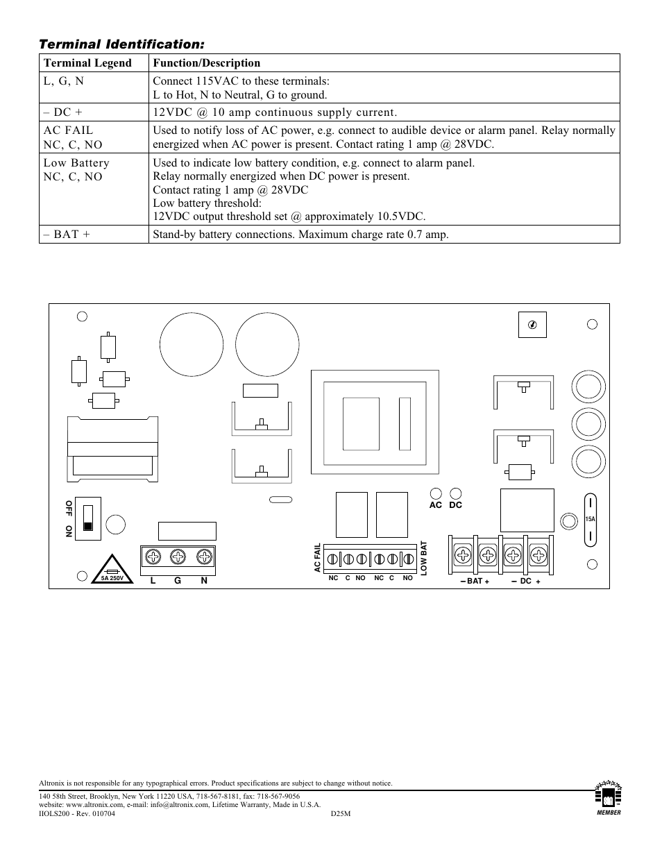 Terminal identification | Altronix OLS200 Installation Instructions User Manual | Page 2 / 2