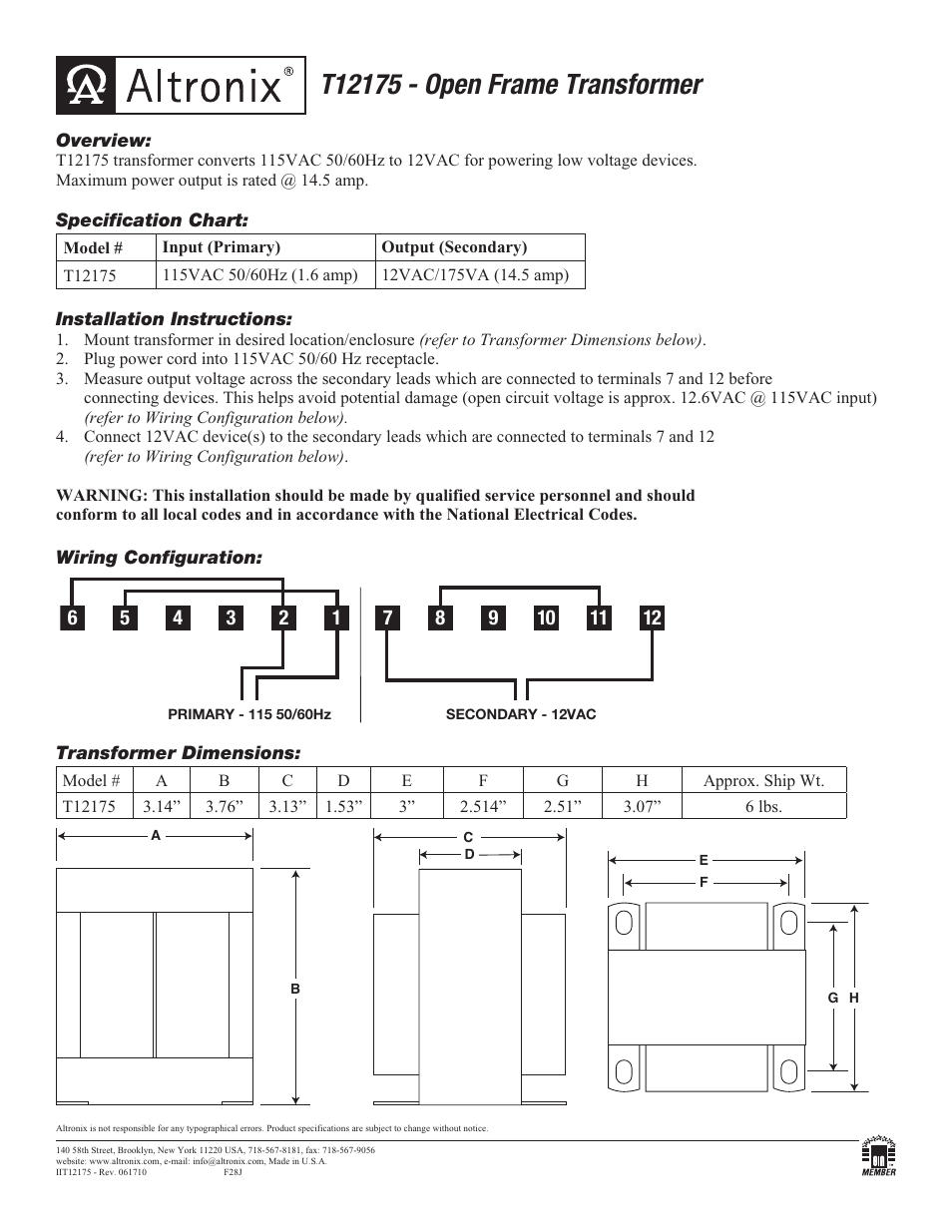 Altronix T12175 Installation Instructions User Manual | 1 page