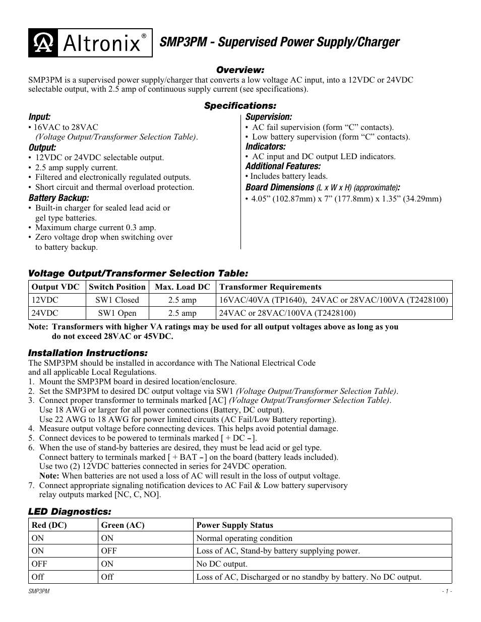 Altronix SMP3PM Installation Instructions User Manual | 2 pages