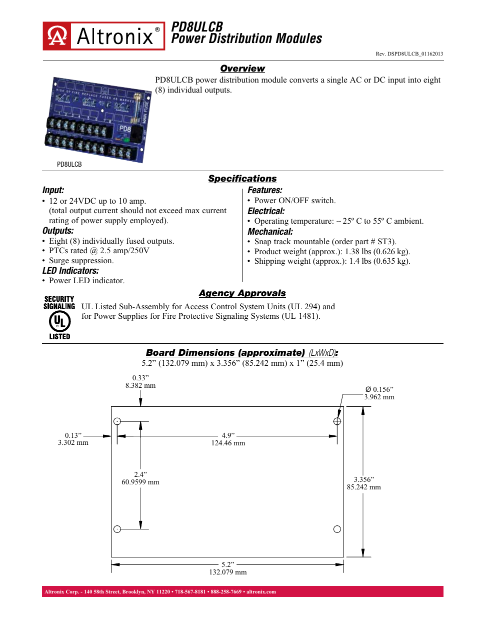 Altronix PD8ULCB Data Sheet User Manual | 1 page