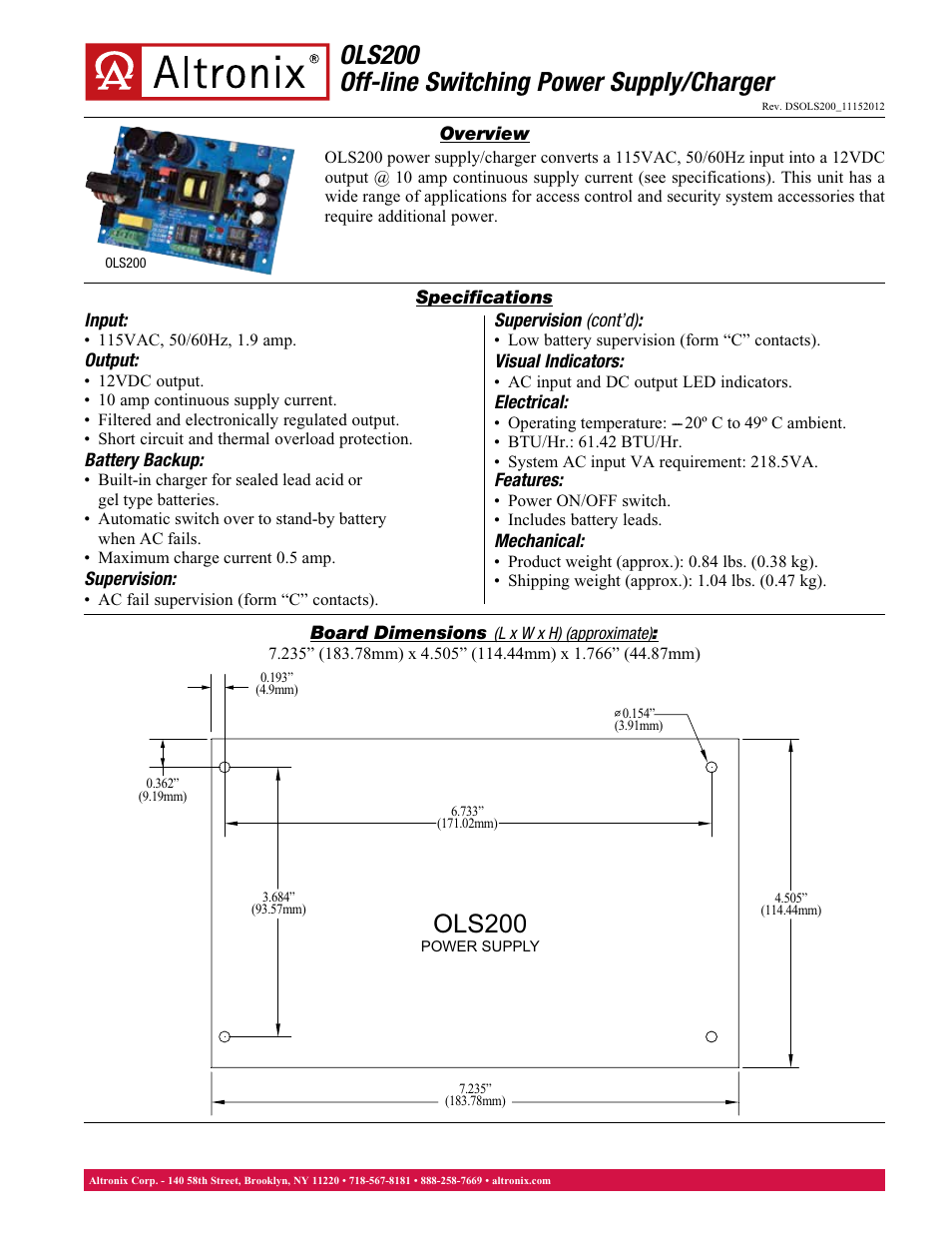 Altronix OLS200 Data Sheet User Manual | 1 page