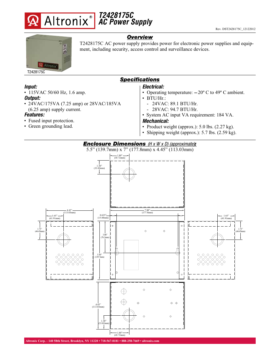 Altronix T2428175C Data Sheet User Manual | 1 page