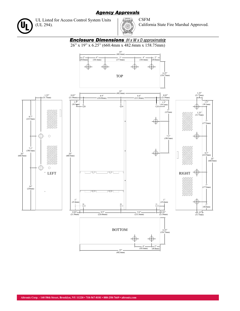 Enclosure dimensions, Agency approvals, Top left right bottom | Altronix Maximal77D Data Sheet User Manual | Page 2 / 2