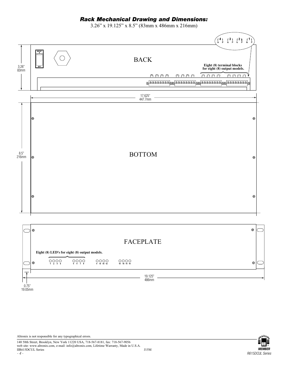 Bottom faceplate back, Rack mechanical drawing and dimensions | Altronix R615DC8ULCB Installation Instructions User Manual | Page 4 / 4