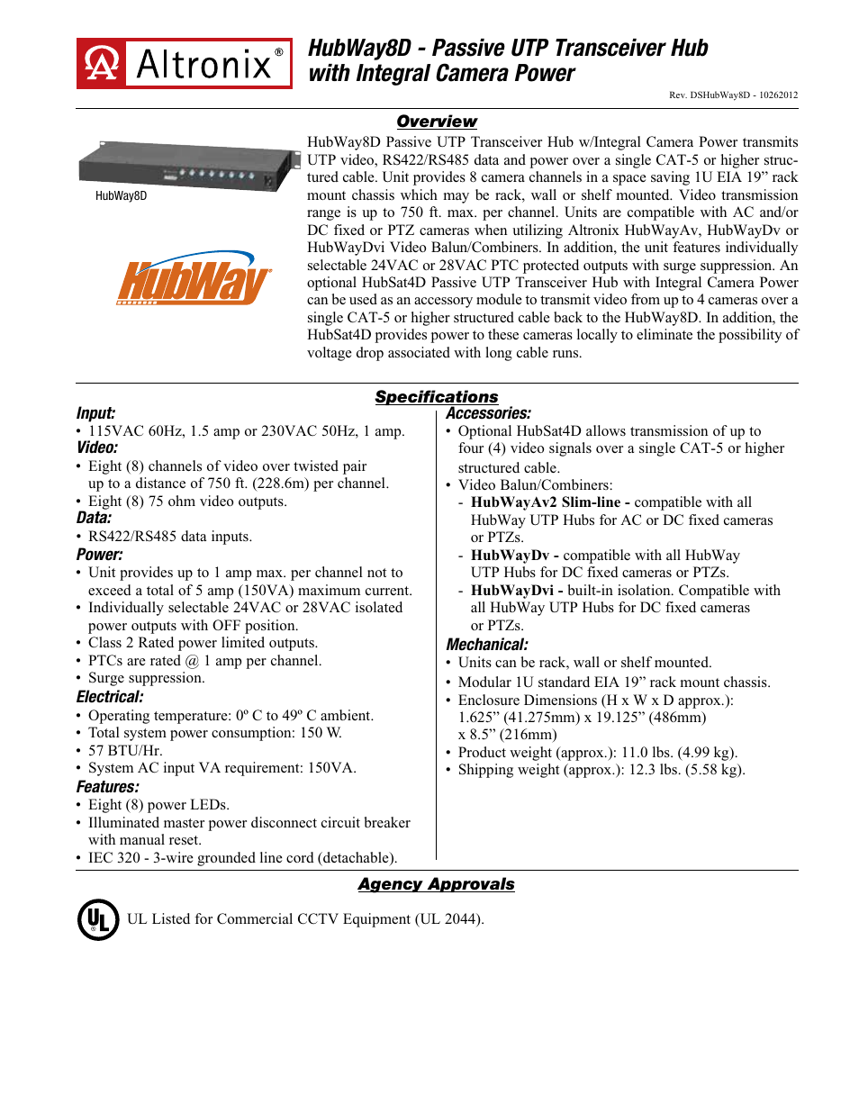 Altronix HubWay 8D Data Sheet User Manual | 2 pages