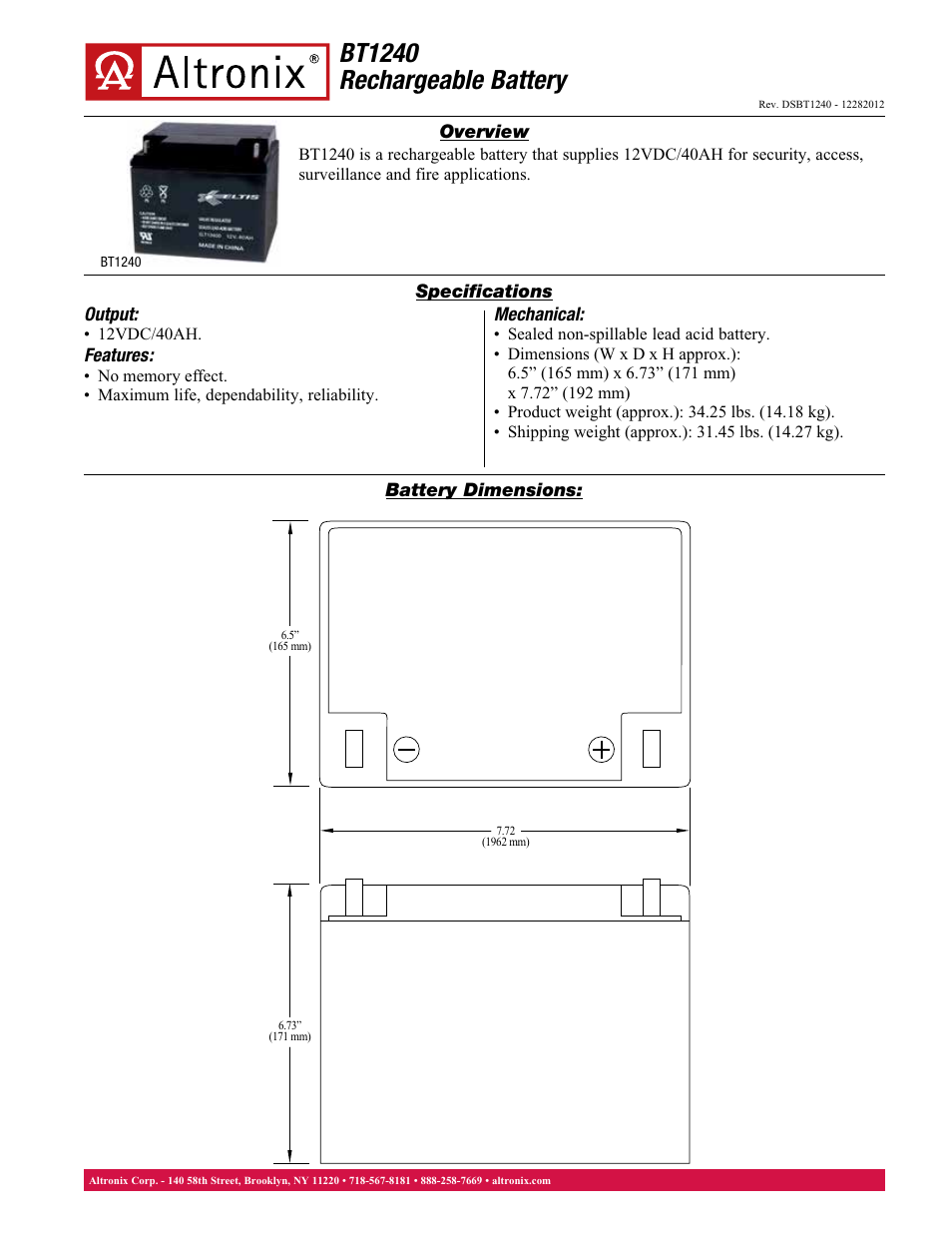 Altronix BT1240 Data Sheet User Manual | 1 page