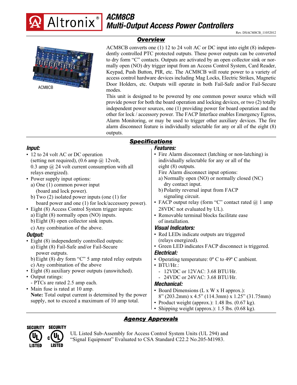 Altronix ACM8CB Data Sheet User Manual | 2 pages