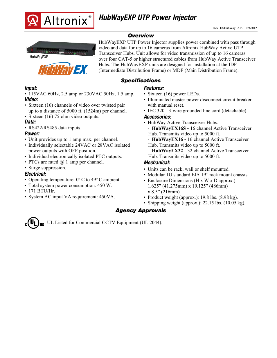 Altronix HubWay EXP UTP Power Injector Data Sheet User Manual | 2 pages