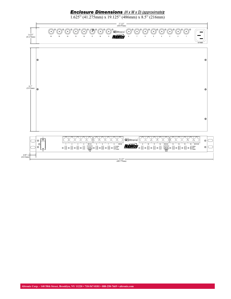 Enclosure dimensions | Altronix HubWay EXP UTP Power Injector Data Sheet User Manual | Page 2 / 2