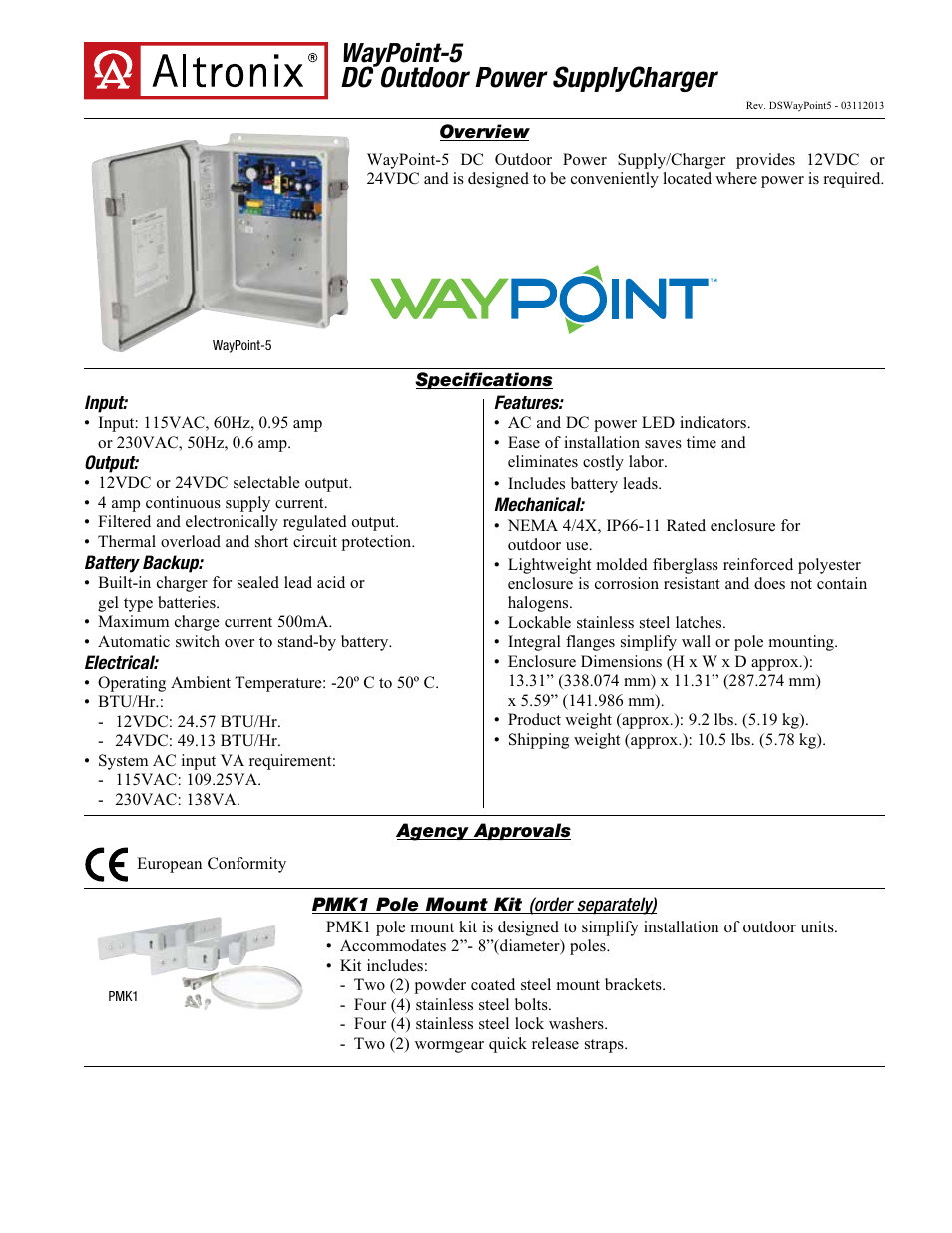 Altronix WayPoint-5 Data Sheet User Manual | 2 pages