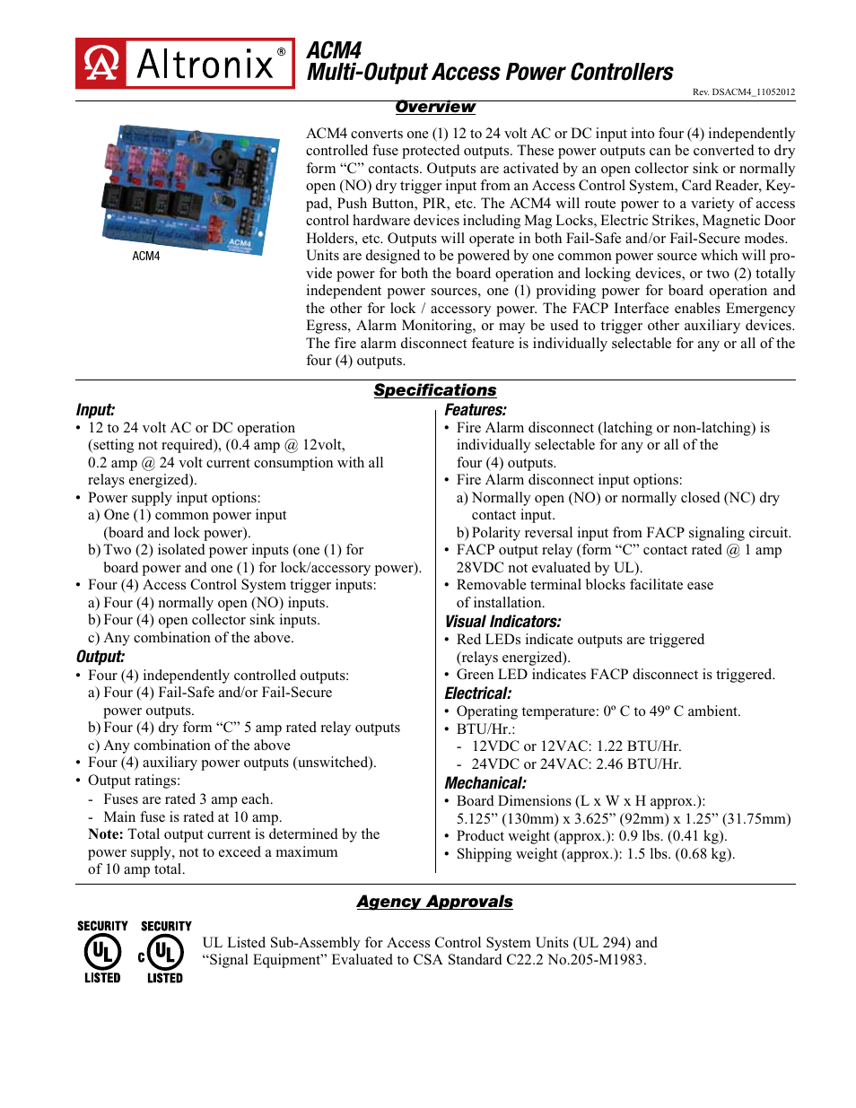 Altronix ACM4 Data Sheet User Manual | 2 pages