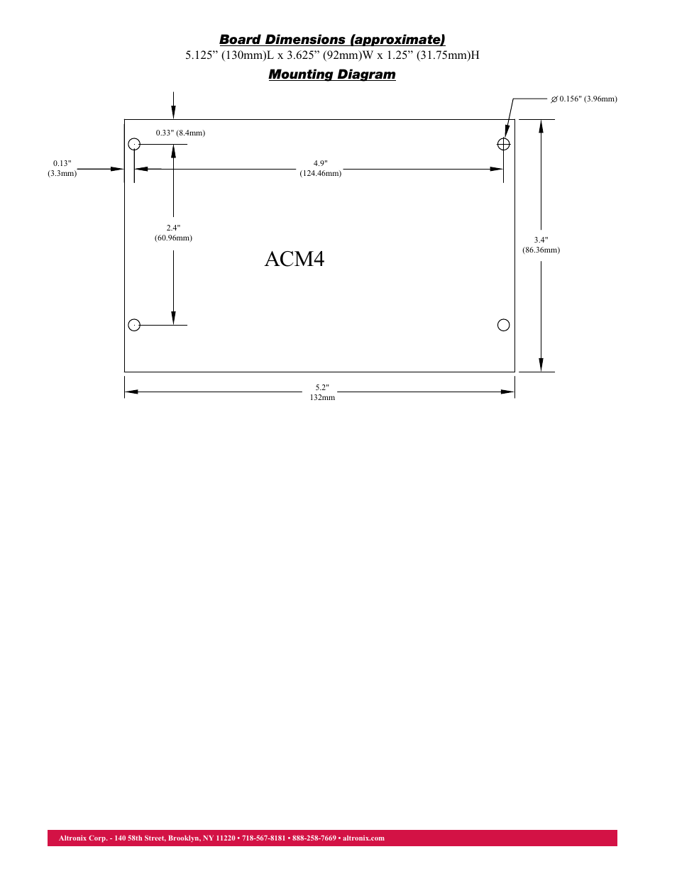 Acm4, Mounting diagram board dimensions (approximate) | Altronix ACM4 Data Sheet User Manual | Page 2 / 2