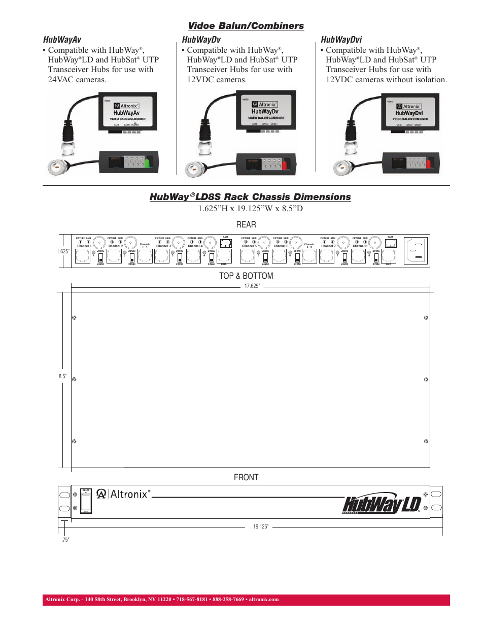 Hubway ld8s rack chassis dimensions, Vidoe balun/combiners, Top & bottom front | Rear, Hubwayav • compatible with hubway, Hubway, Ld and hubsat | Altronix HubWay LD8DS Data Sheet User Manual | Page 2 / 2