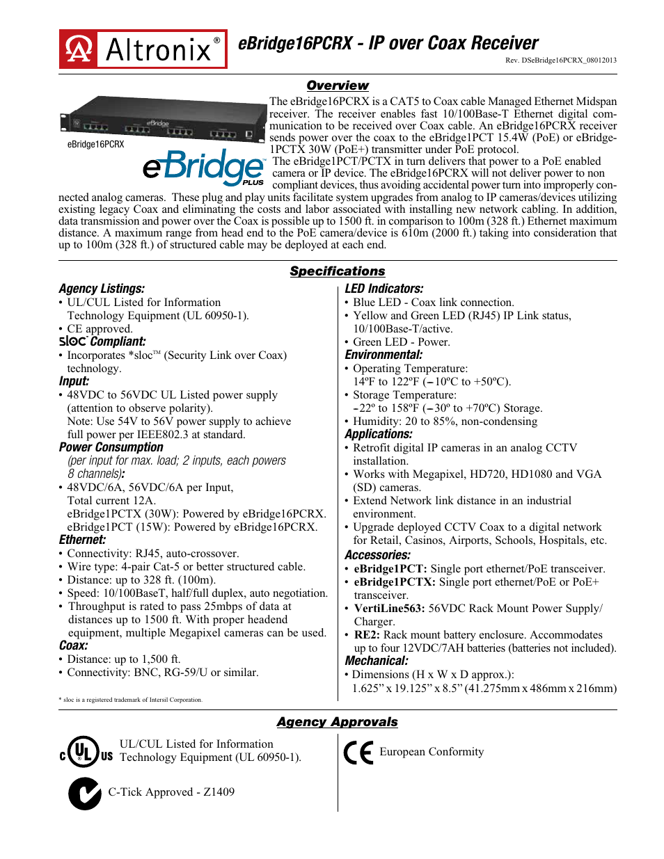 Altronix eBridge16PCRX Data Sheet User Manual | 3 pages