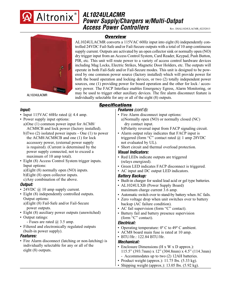 Altronix AL1024ULACMR Data Sheet User Manual | 2 pages