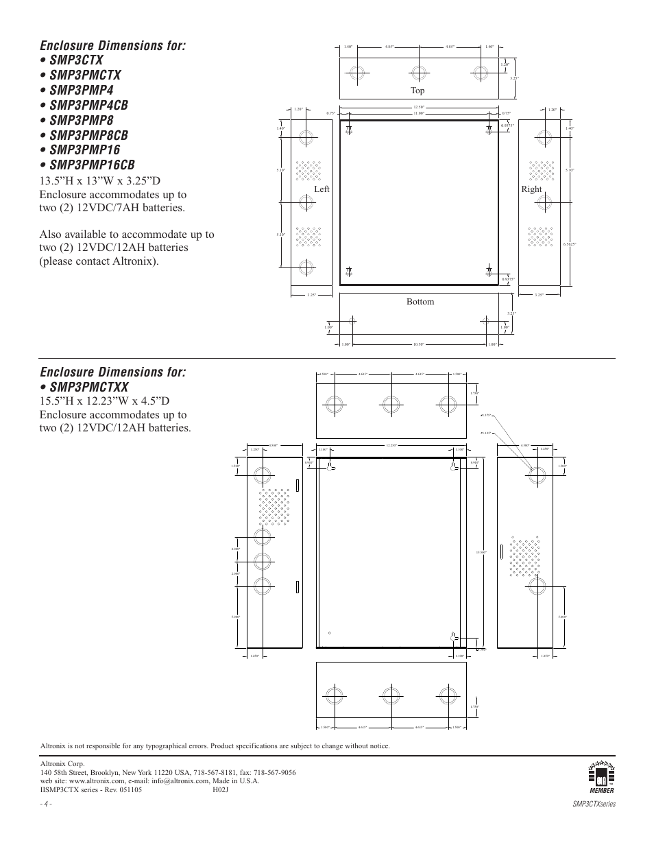 Enclosure dimensions for: • smp3pmctxx, Bottom top right left | Altronix SMP3PMP8CB Installation Instructions User Manual | Page 4 / 4