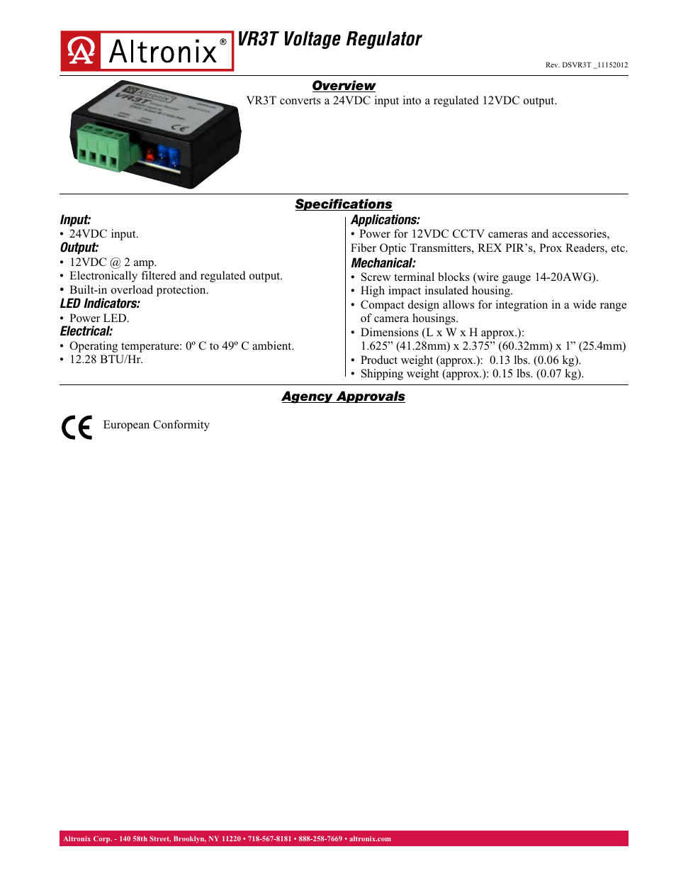 Altronix VR3T Data Sheet User Manual | 1 page