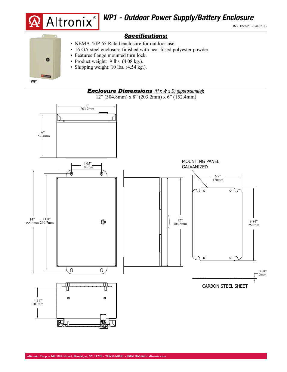 Altronix WP1 Data Sheet User Manual | 1 page