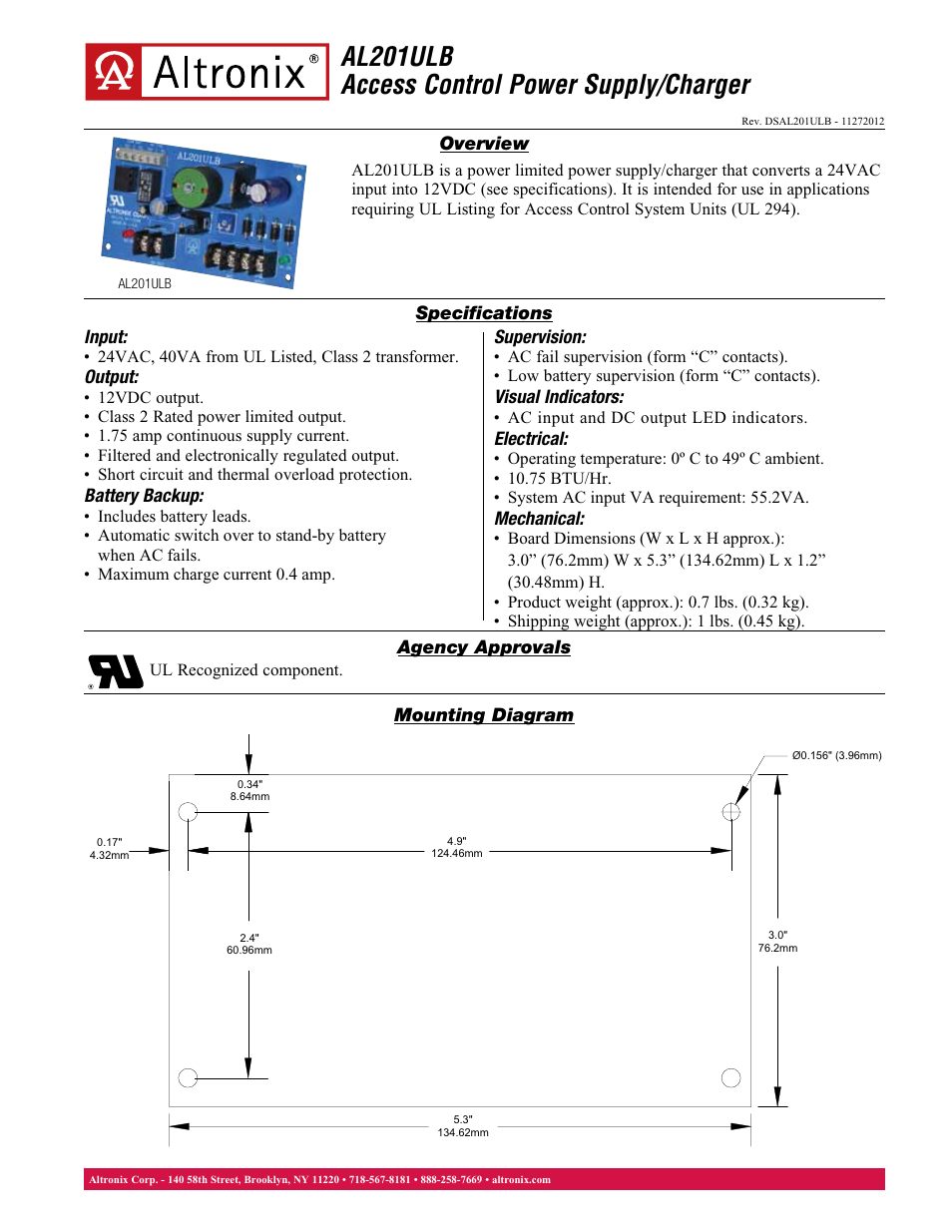 Altronix AL201ULB Data Sheet User Manual | 1 page