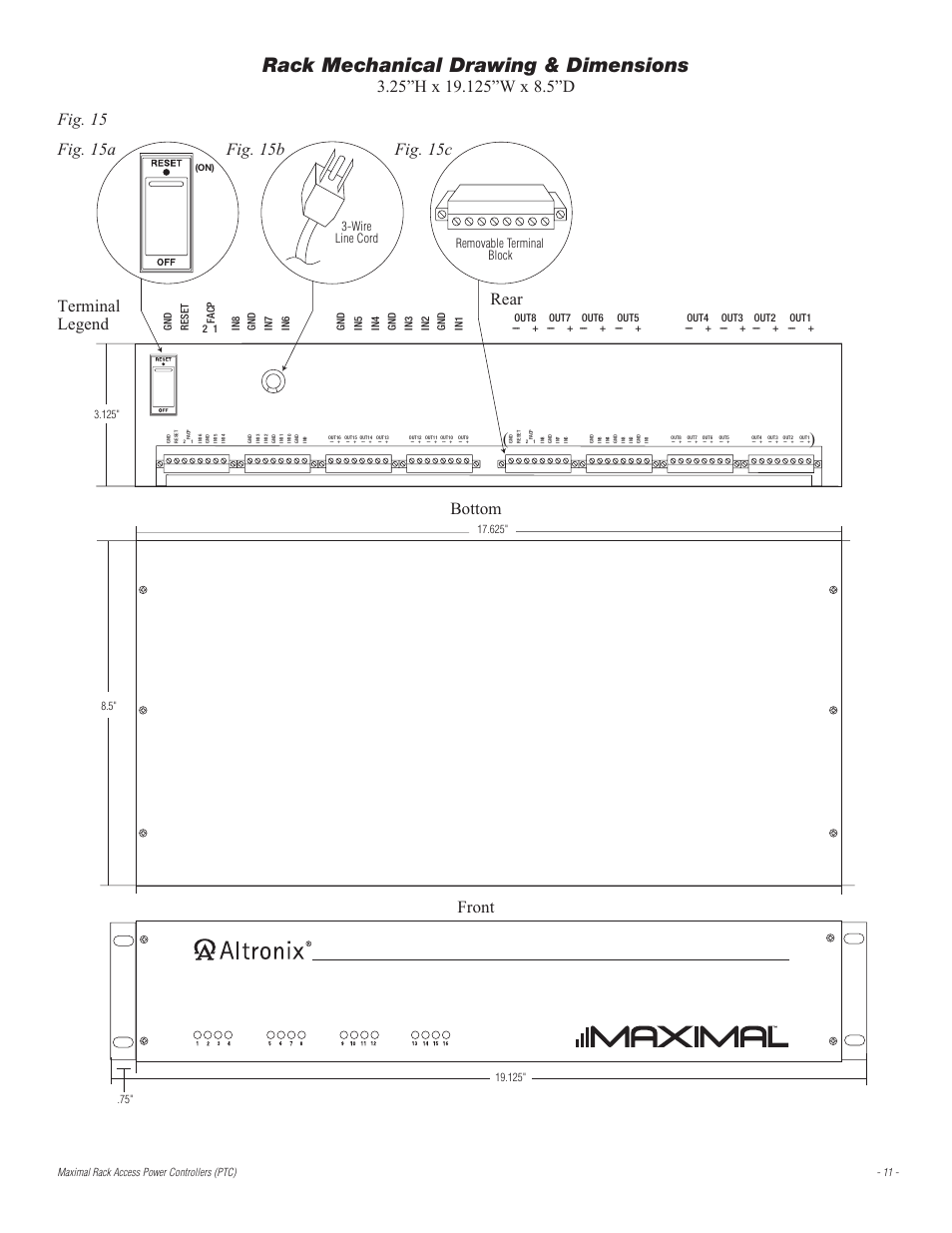 Rack mechanical drawing & dimensions, Bottom rear front, Removable terminal block 3-wire line cord | Altronix Maximal33RD Installation Instructions User Manual | Page 11 / 12