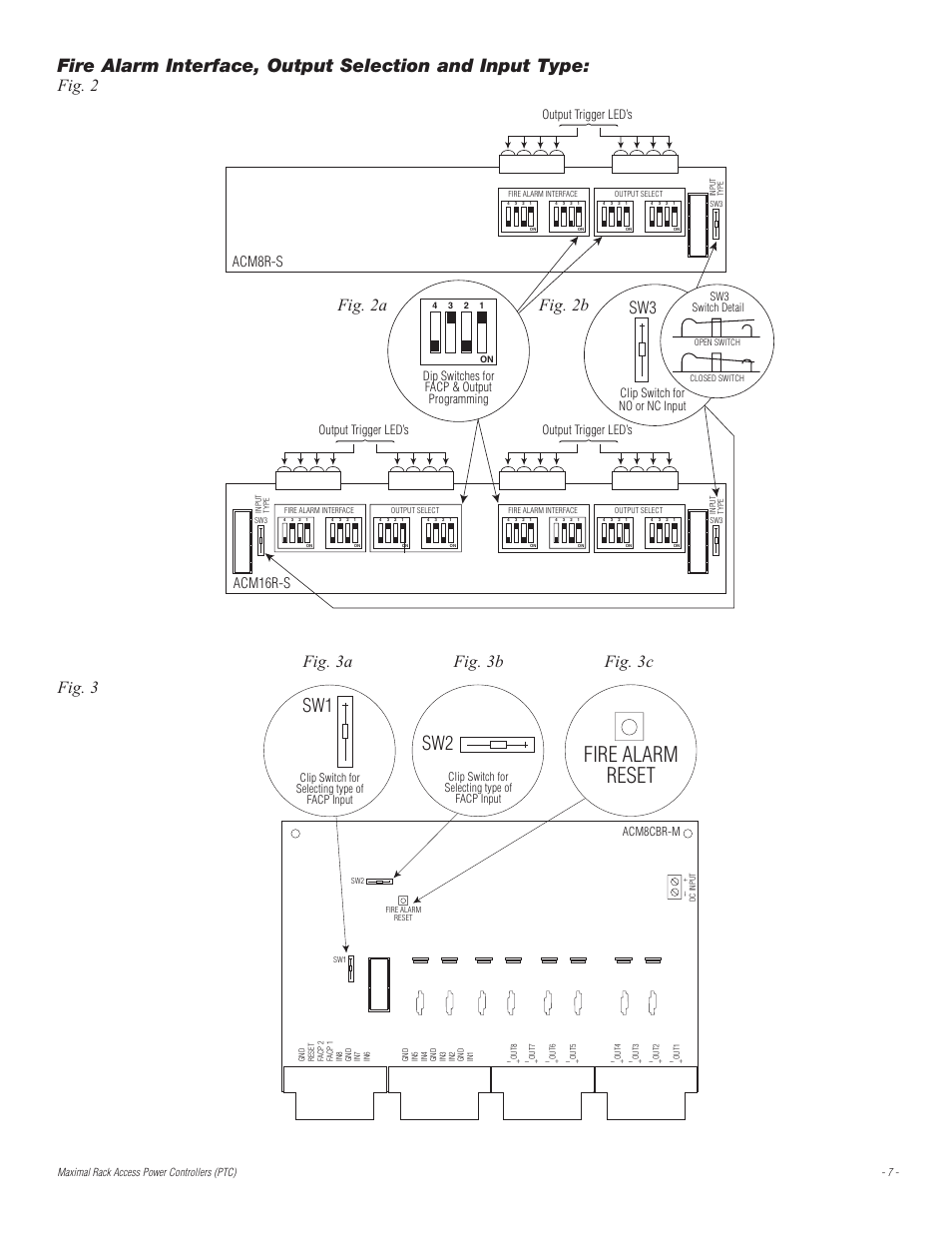 Fire alarm reset, Sw2 sw1, Fig. 3a fig. 3b fig. 3c fig. 3 | Fig. 2, Fig. 2a fig. 2b, Acm8r-s, Acm16r-s, Output trigger led’s, Clip switch for no or nc input | Altronix Maximal33RD Installation Instructions User Manual | Page 7 / 12