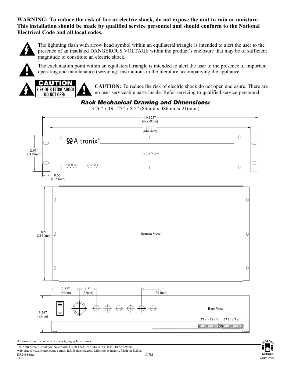 Rack mechanical drawing and dimensions | Altronix R248600CB Installation Instructions User Manual | Page 4 / 4