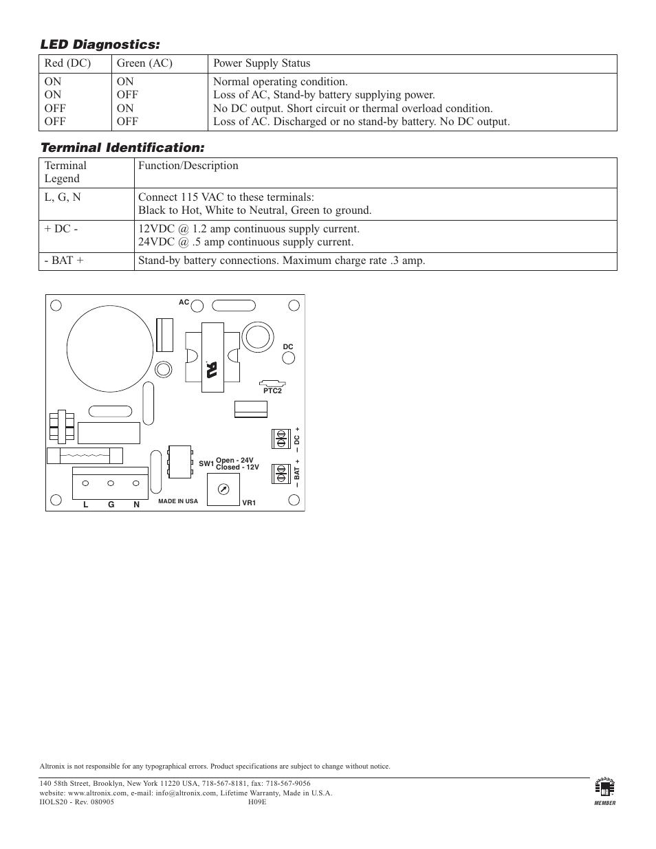 Led diagnostics, Terminal identification | Altronix OLS20 Installation Instructions User Manual | Page 2 / 2