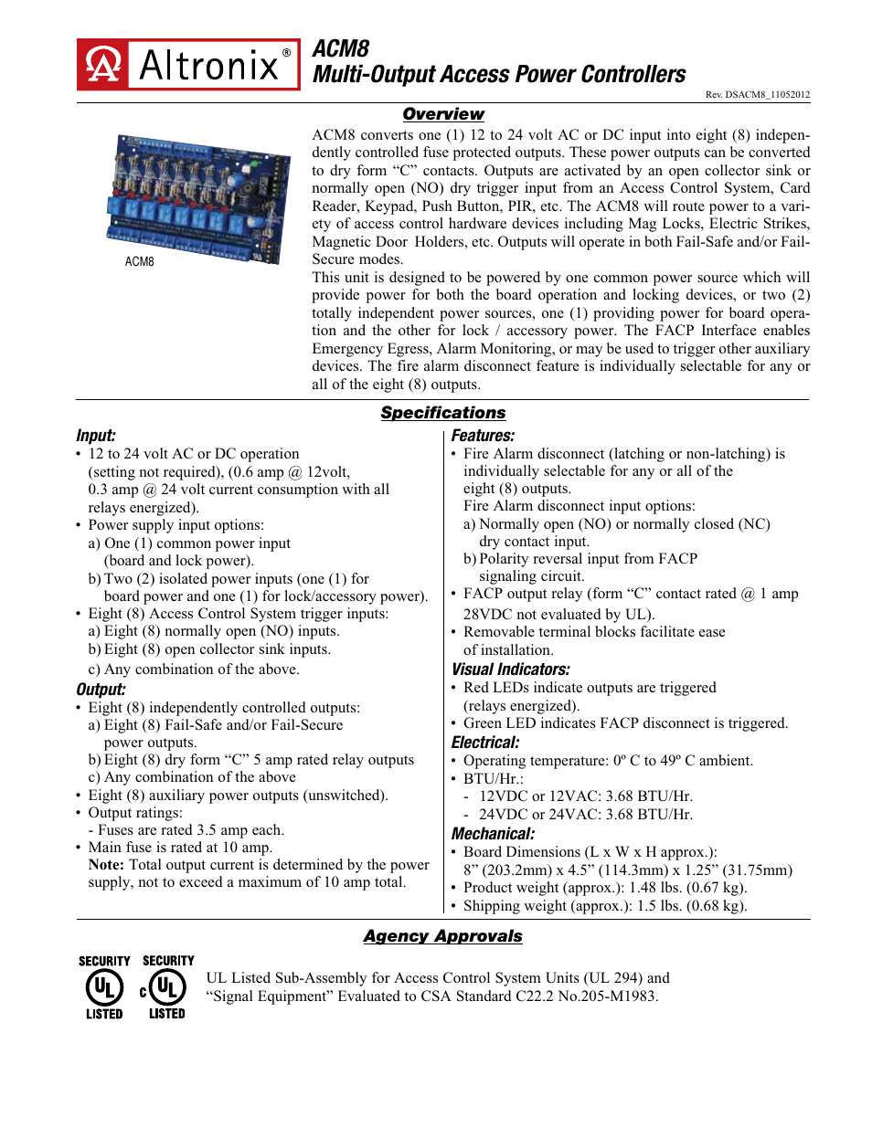 Altronix ACM8 Data Sheet User Manual | 2 pages