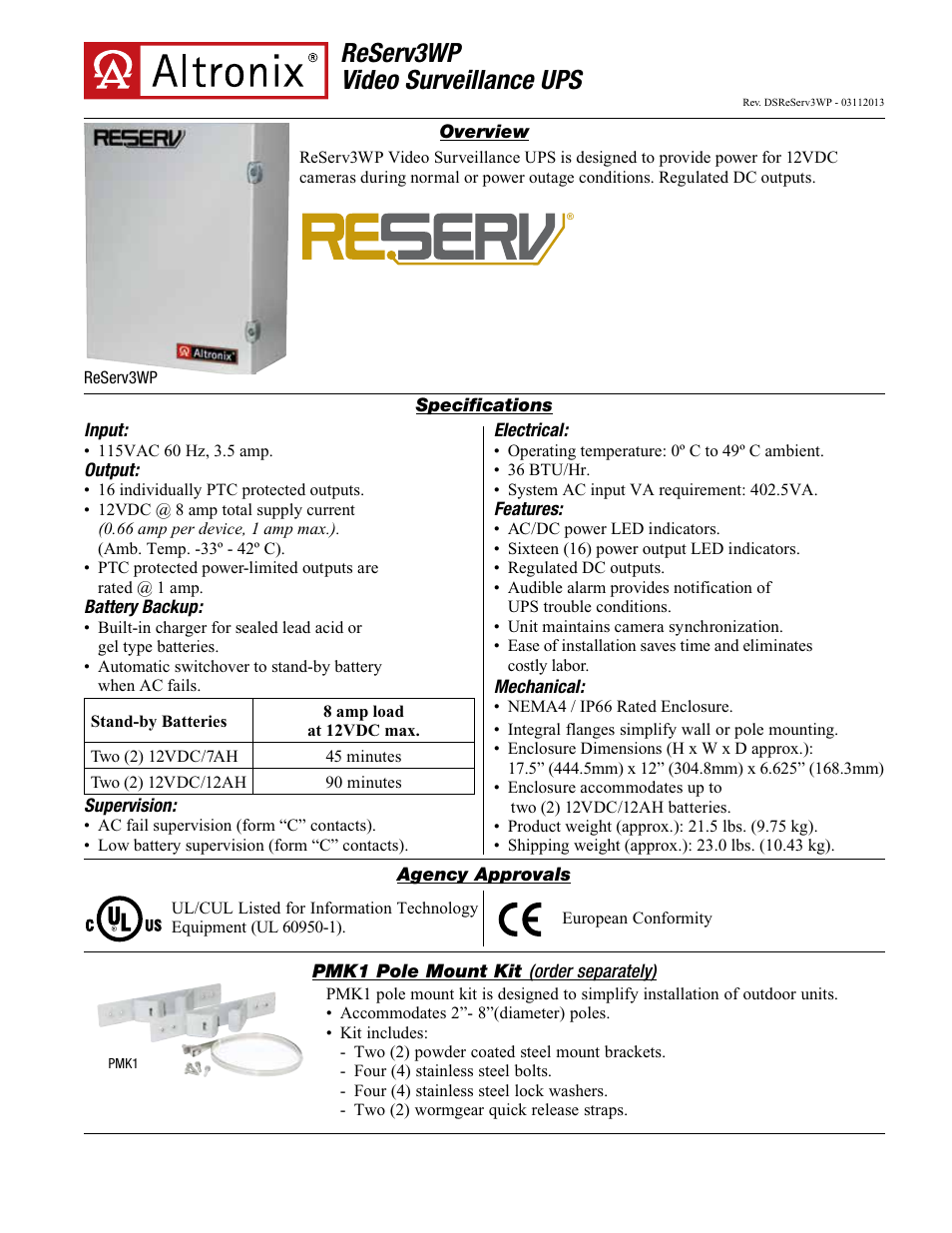 Altronix ReServ3WP Data Sheet User Manual | 2 pages