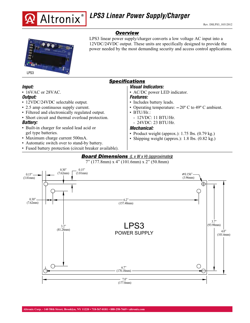 Altronix LPS3 Data Sheet User Manual | 1 page