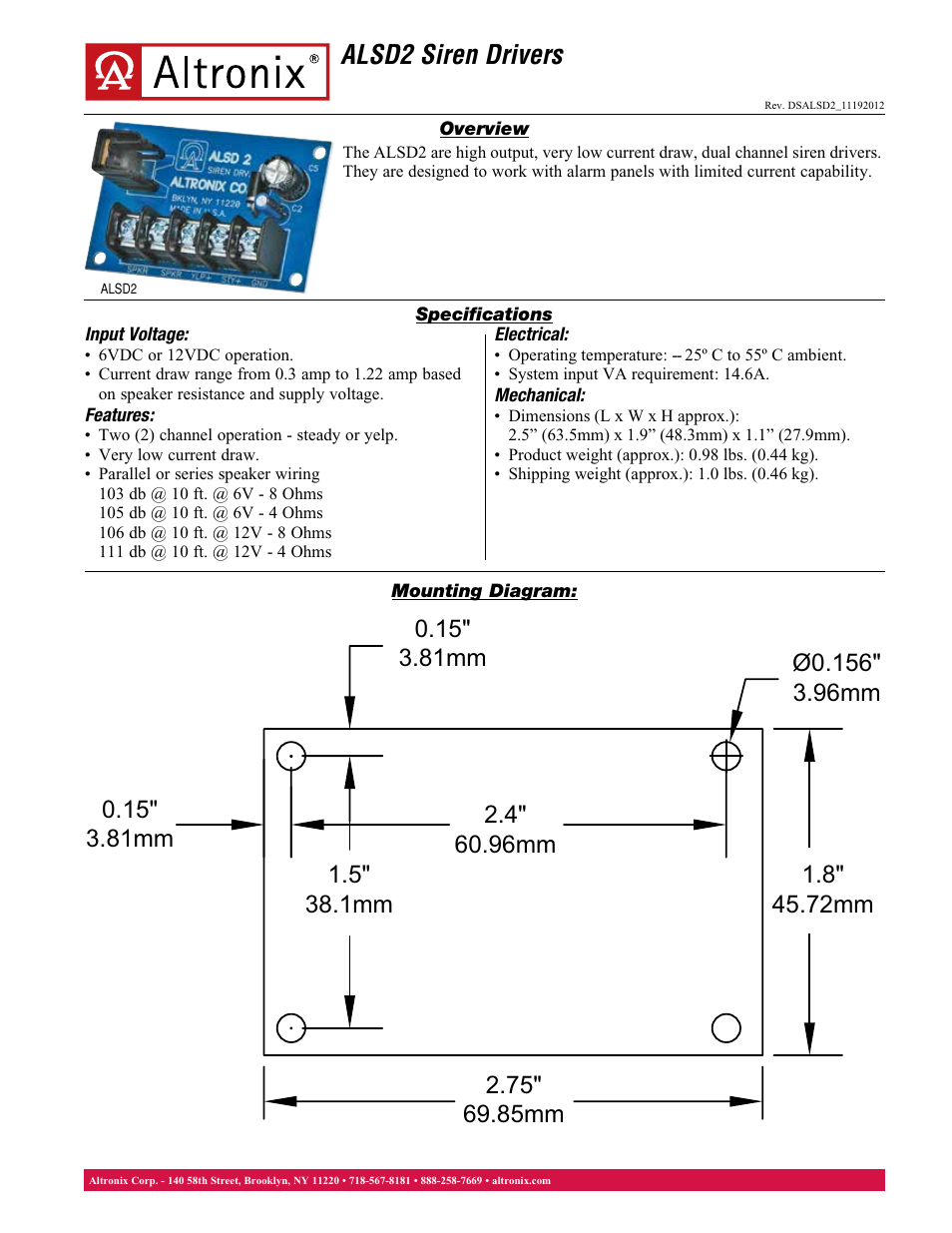 Altronix ALSD2 Data Sheet User Manual | 1 page