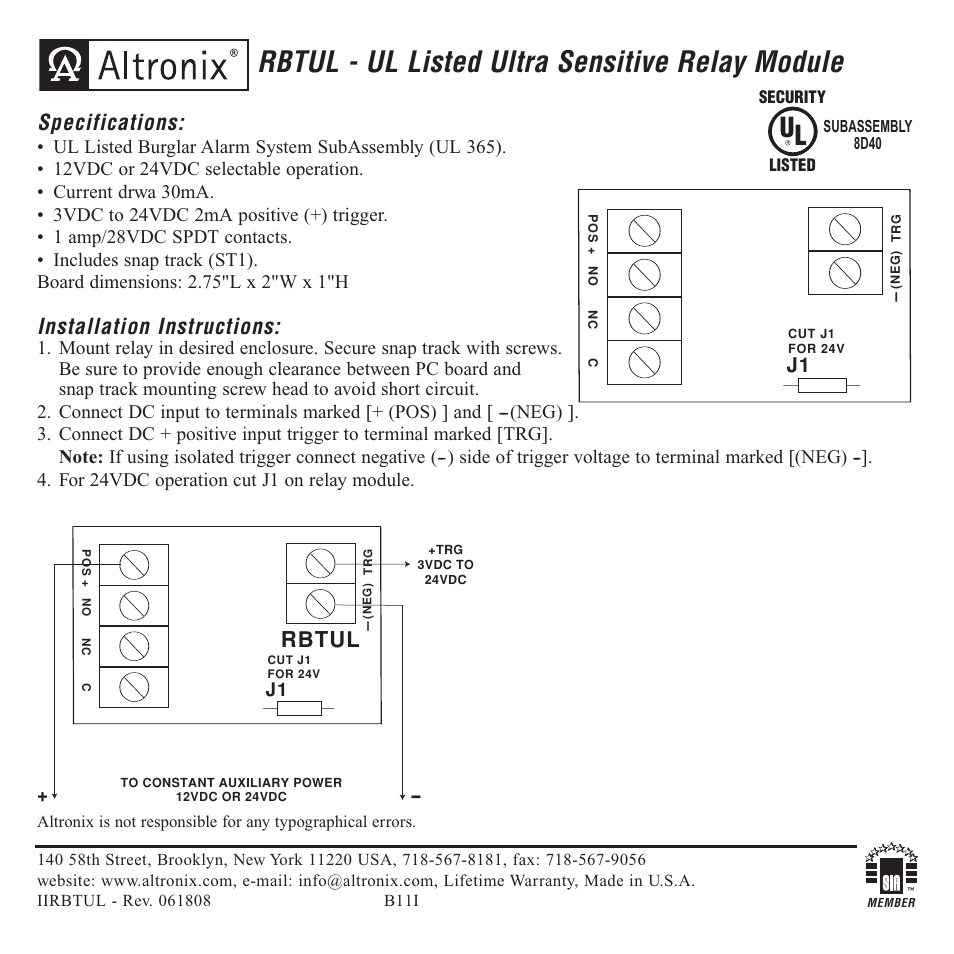 Altronix RBTUL Installation Instructions User Manual | 1 page