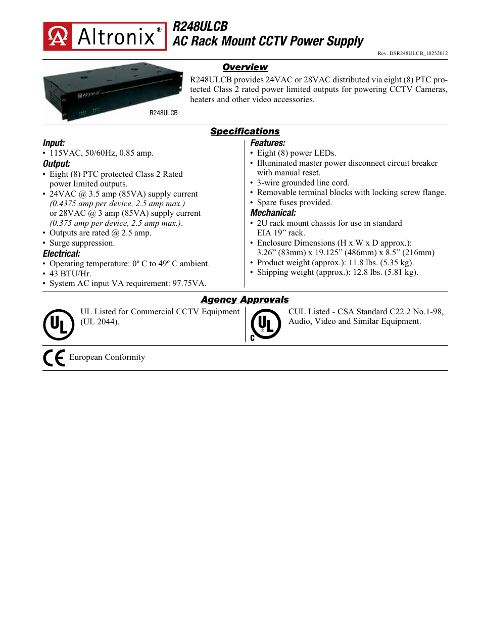 Altronix R248ULCB Data Sheet User Manual | 2 pages