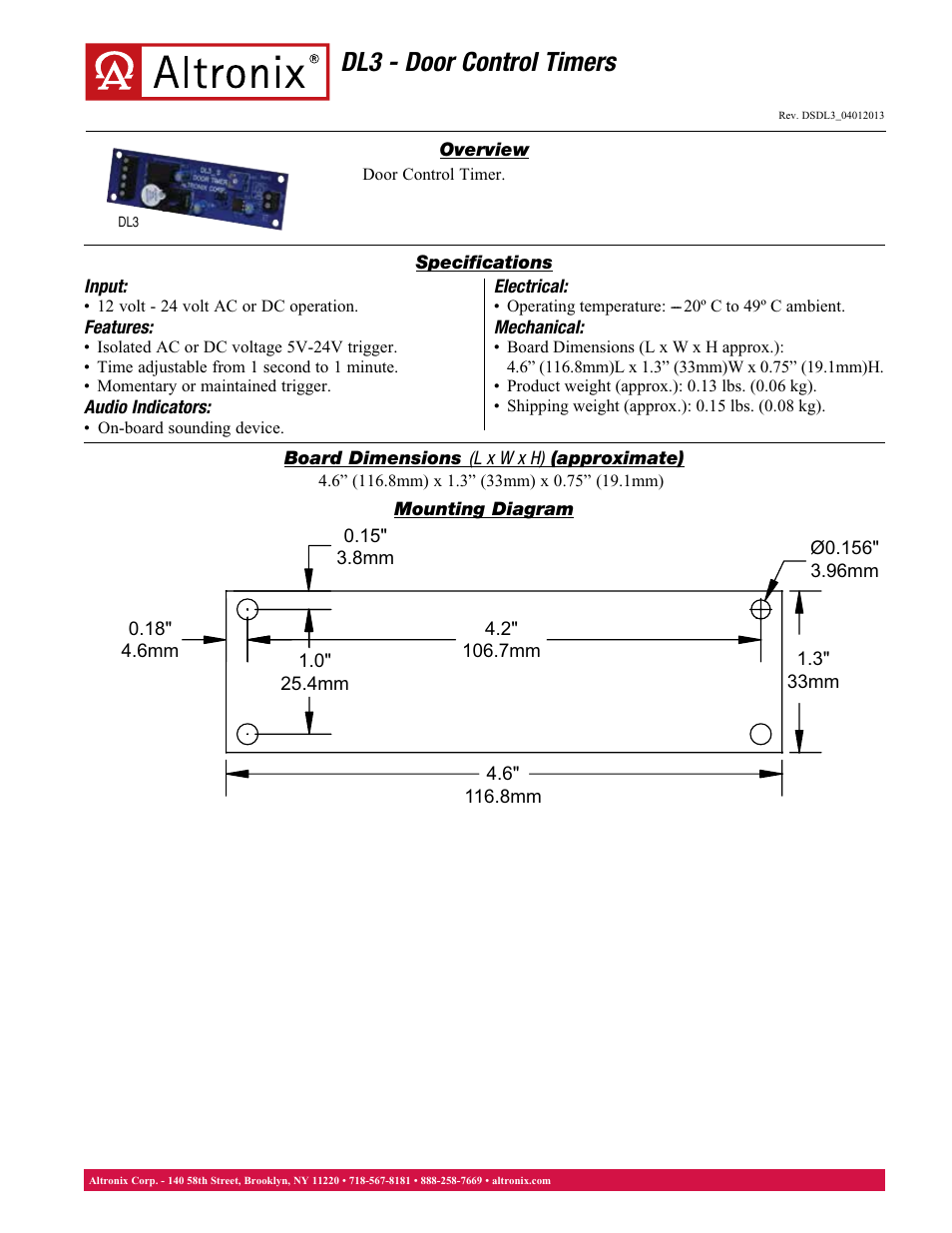 Altronix DL3 Data Sheet User Manual | 1 page