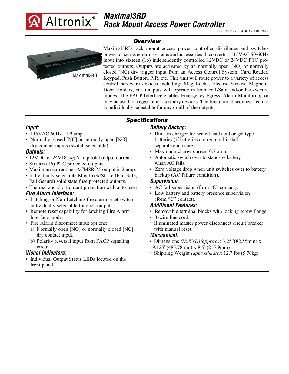 Altronix Maximal3RD Data Sheet User Manual | 2 pages