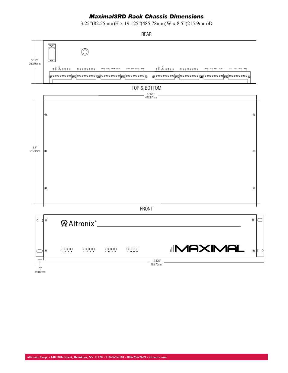 Maximal3rd rack chassis dimensions, Front top & bottom rear | Altronix Maximal3RD Data Sheet User Manual | Page 2 / 2