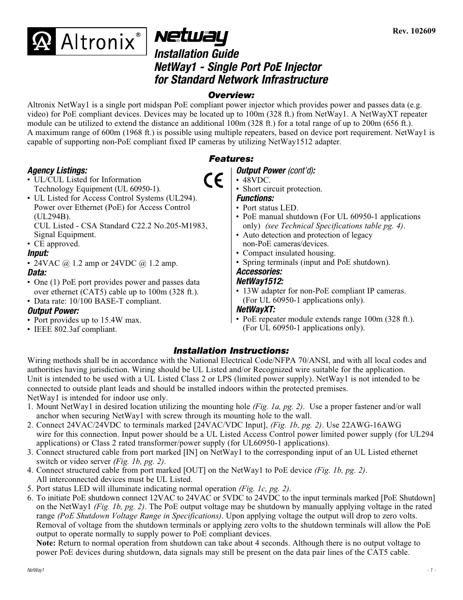 Altronix NetWay1 Installation Instructions User Manual | 4 pages