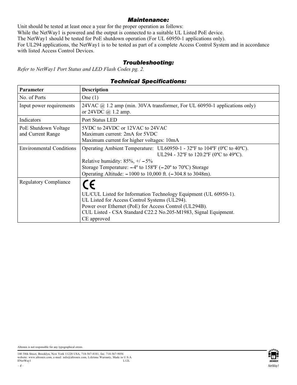 Altronix NetWay1 Installation Instructions User Manual | Page 4 / 4