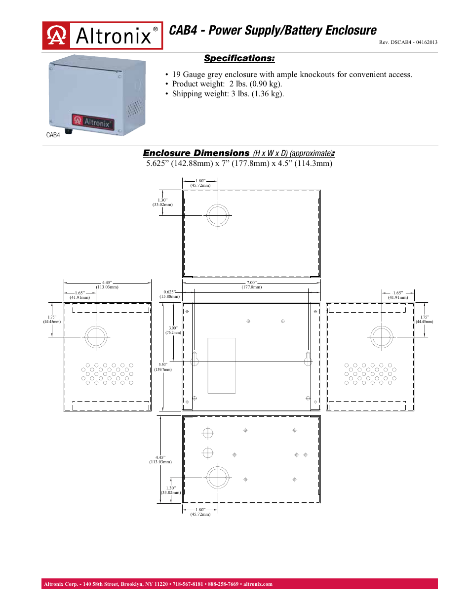 Altronix CAB4 Data Sheet User Manual | 1 page