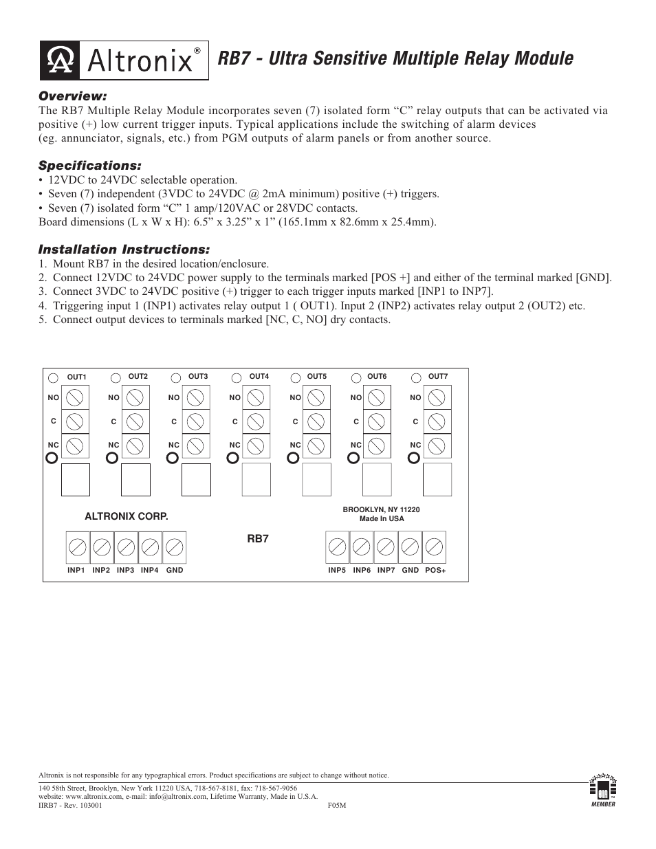 Altronix RB7 Installation Instructions User Manual | 1 page