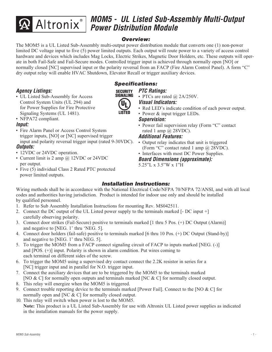 Altronix MOM5 Installation Instructions User Manual | 4 pages