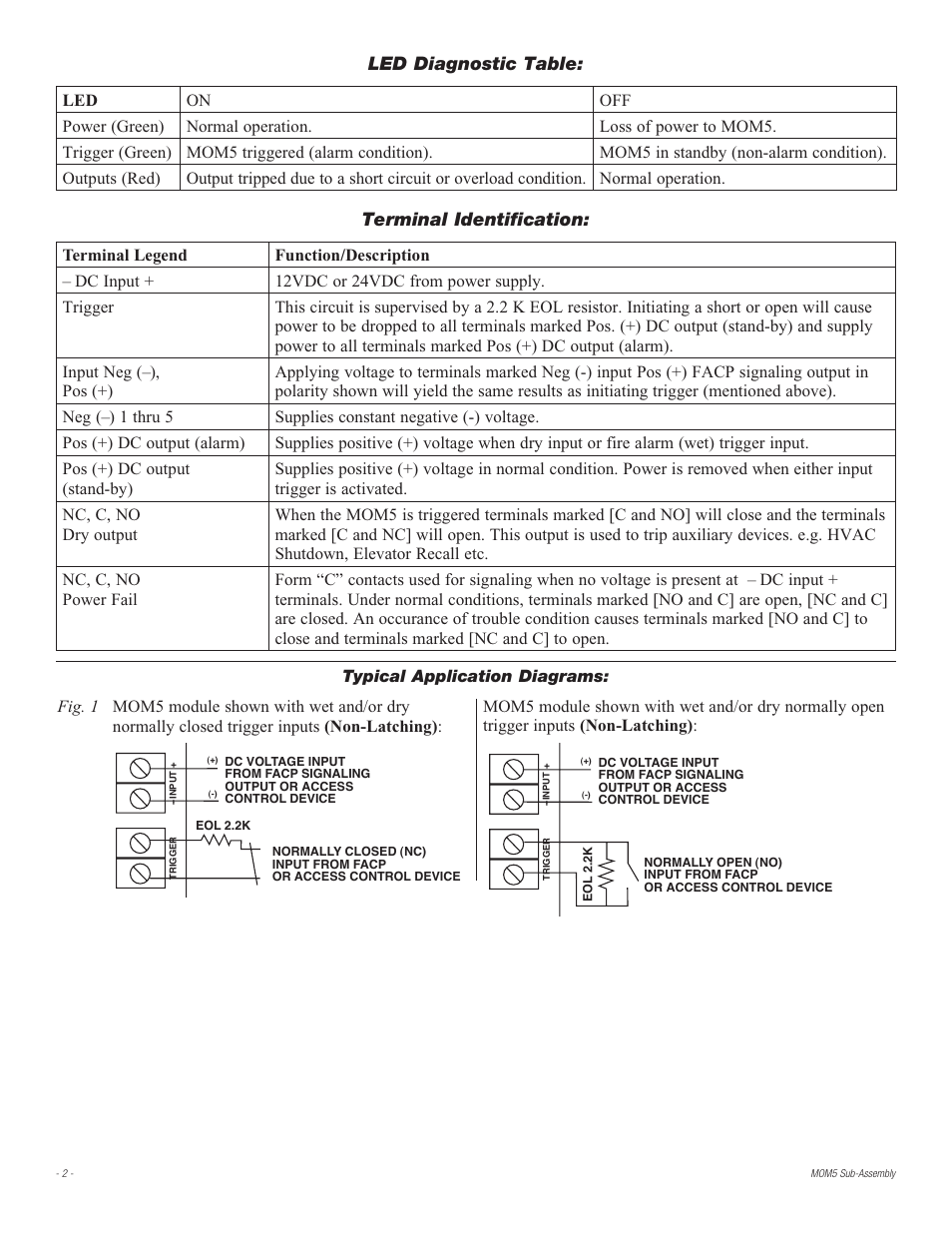 Led diagnostic table, Terminal identification | Altronix MOM5 Installation Instructions User Manual | Page 2 / 4