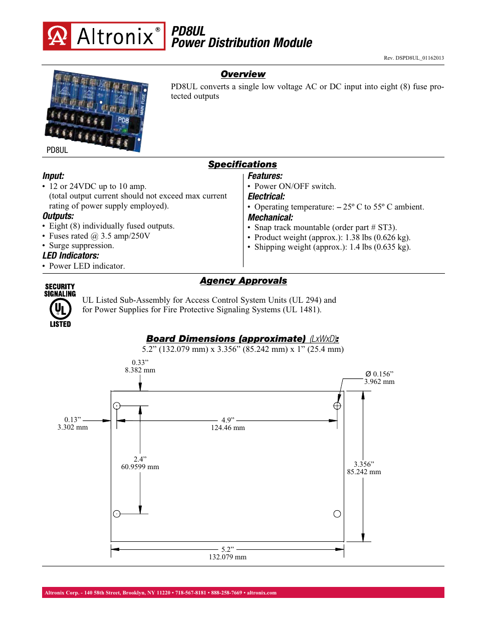 Altronix PD8UL Data Sheet User Manual | 1 page