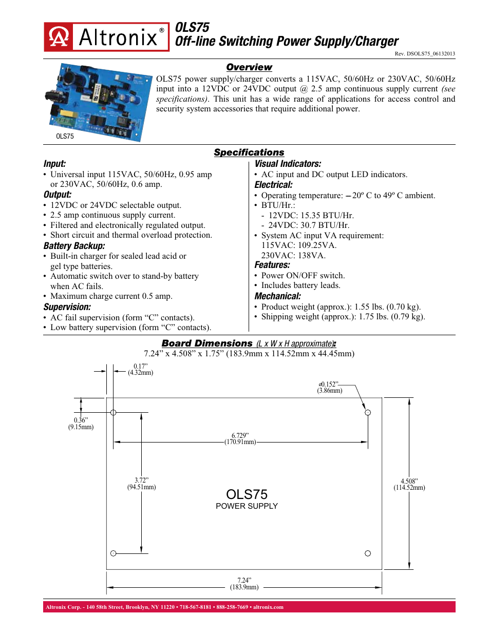 Altronix OLS75 Data Sheet User Manual | 1 page