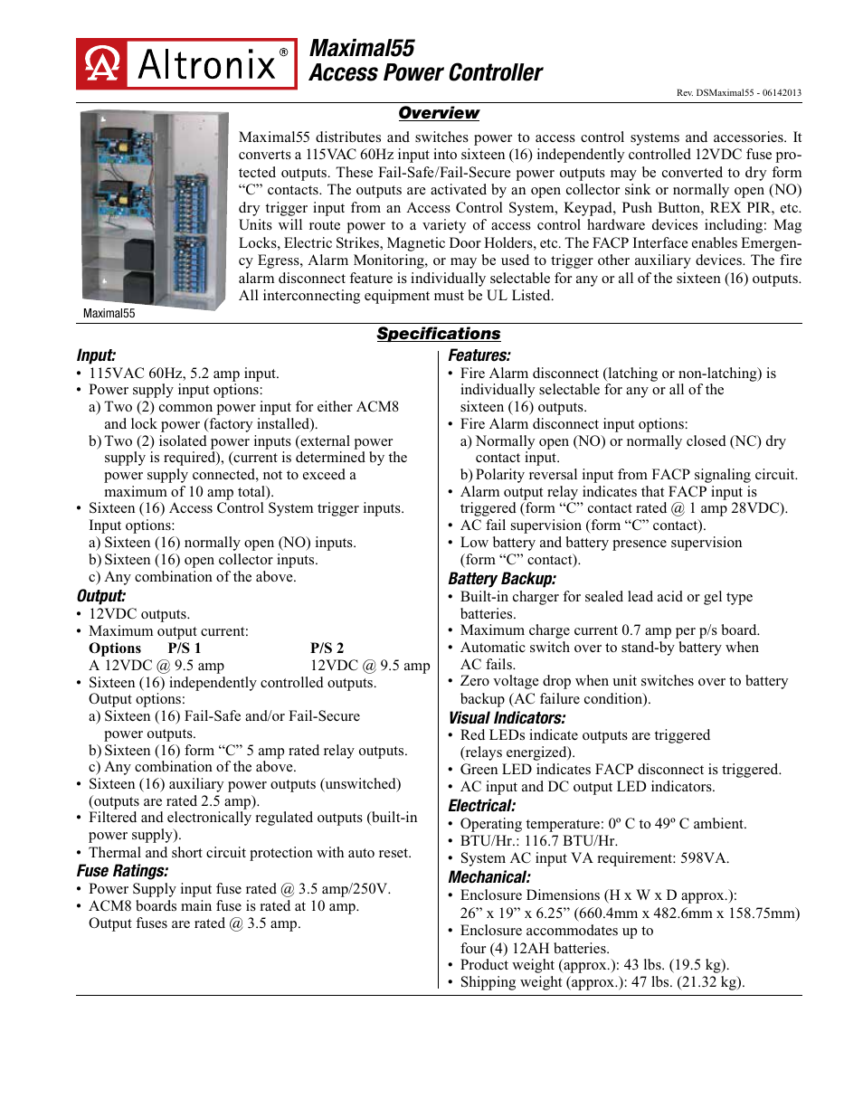 Altronix Maximal55 Data Sheet User Manual | 2 pages