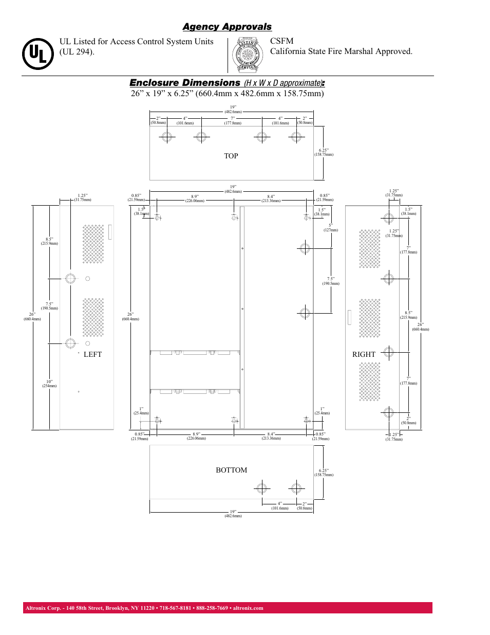 Enclosure dimensions, Agency approvals, Top left right bottom | Altronix Maximal35E Data Sheet User Manual | Page 2 / 2