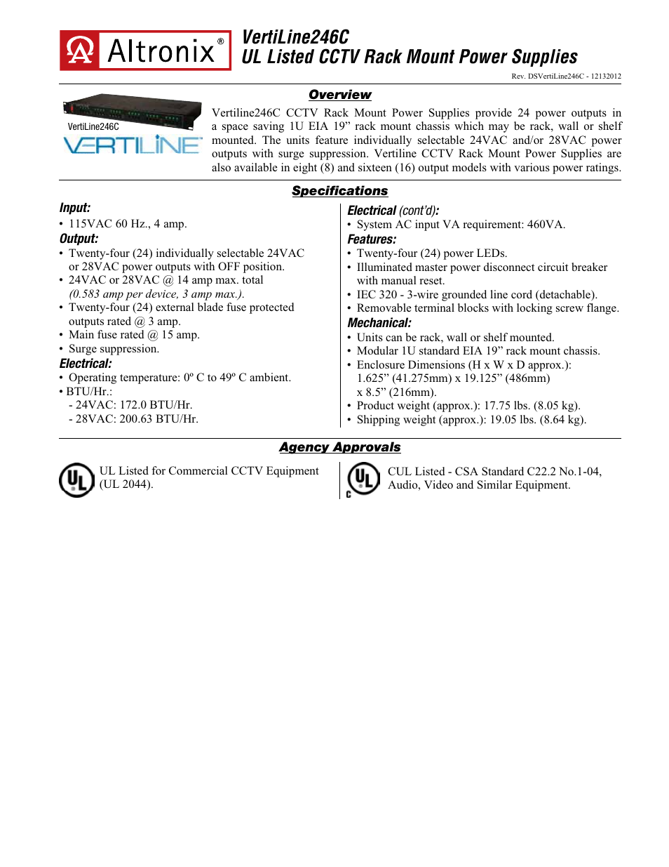 Altronix VertiLine246C Data Sheet User Manual | 2 pages