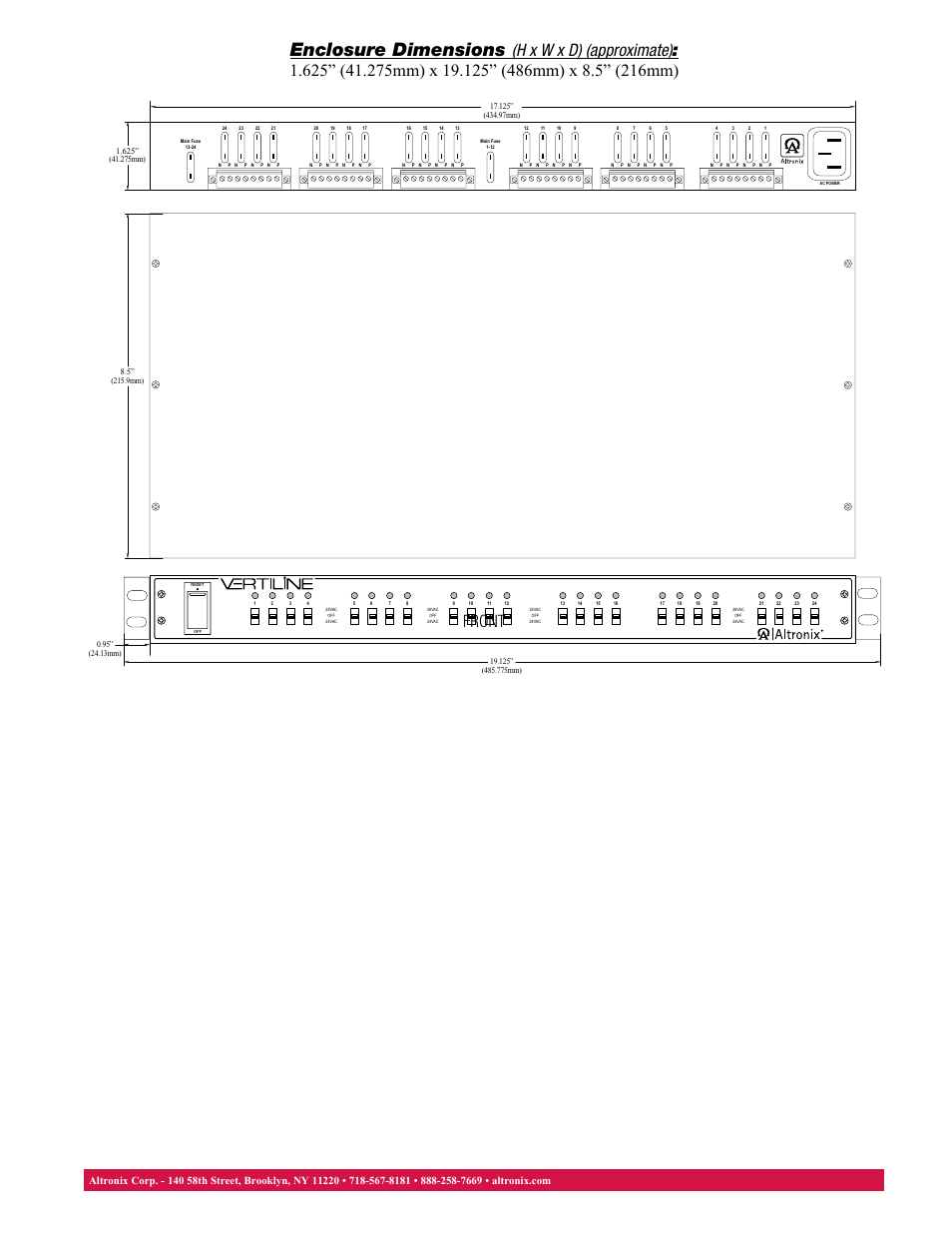 Enclosure dimensions, Front | Altronix VertiLine246C Data Sheet User Manual | Page 2 / 2