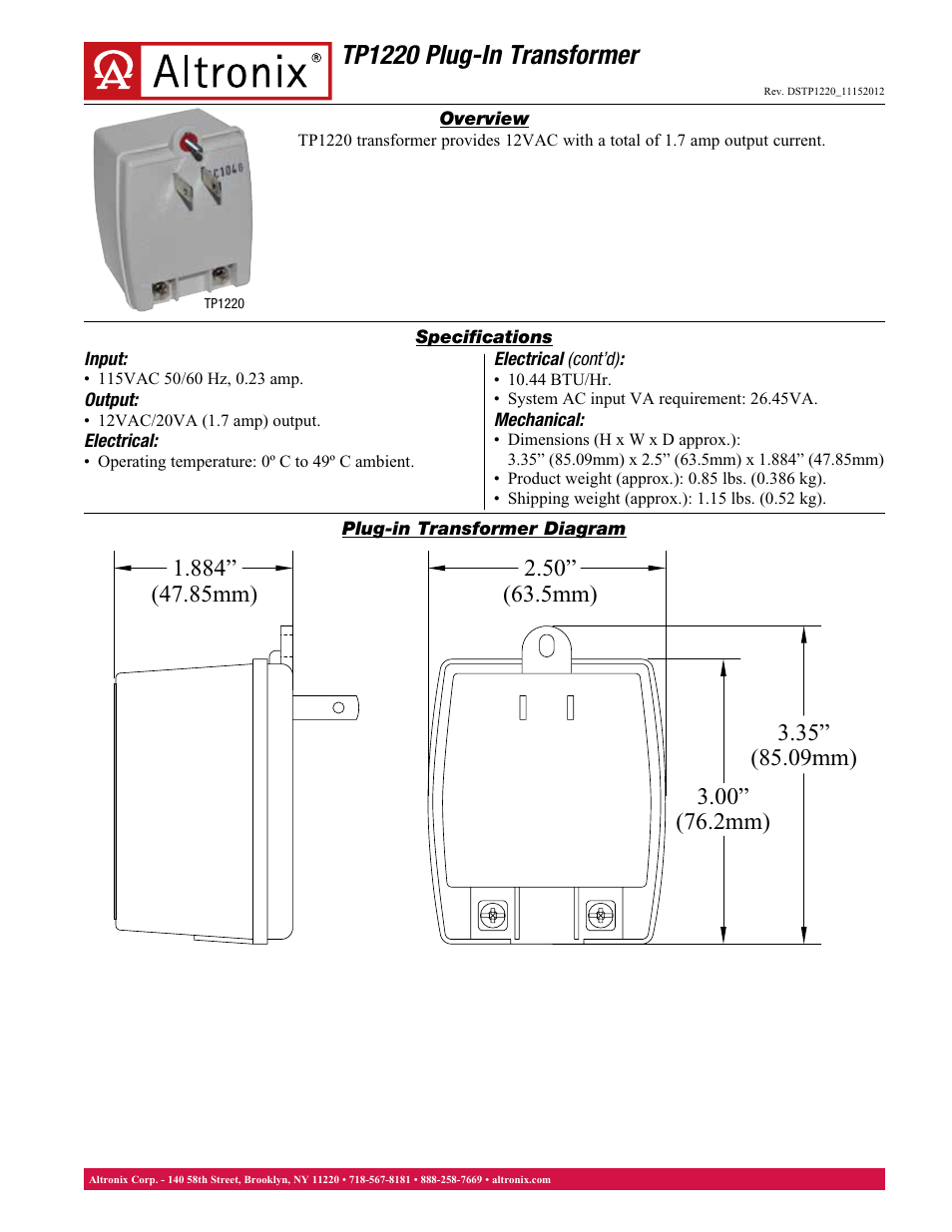 Altronix TP1220 Data Sheet User Manual | 1 page